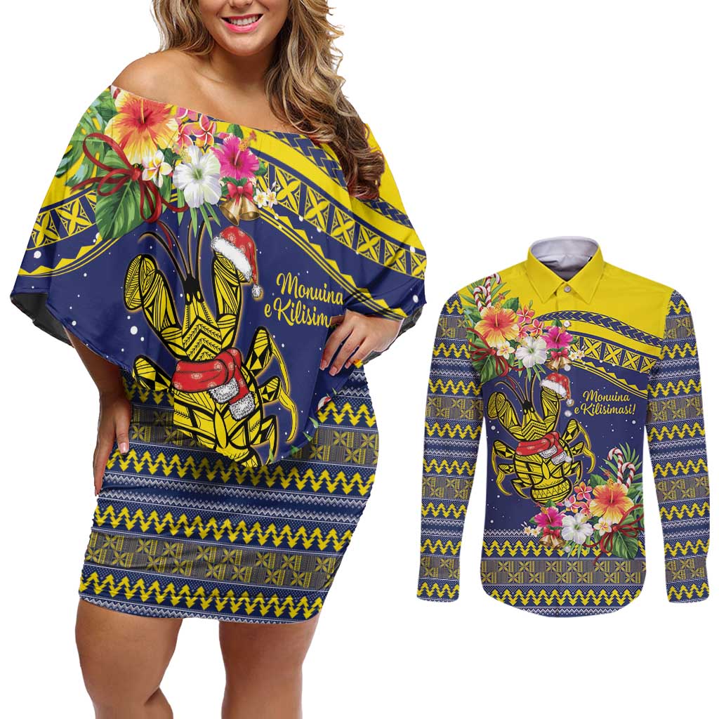 Monuina e Kilisimasi Niue Christmas Couples Matching Off Shoulder Short Dress and Long Sleeve Button Shirt Niuean Tribal Pattern LT9 Gold - Polynesian Pride