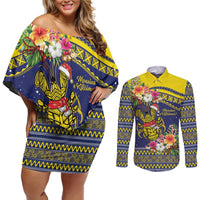 Monuina e Kilisimasi Niue Christmas Couples Matching Off Shoulder Short Dress and Long Sleeve Button Shirt Niuean Tribal Pattern LT9 Gold - Polynesian Pride