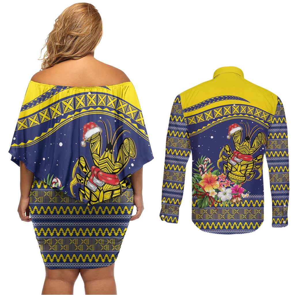 Monuina e Kilisimasi Niue Christmas Couples Matching Off Shoulder Short Dress and Long Sleeve Button Shirt Niuean Tribal Pattern LT9 - Polynesian Pride