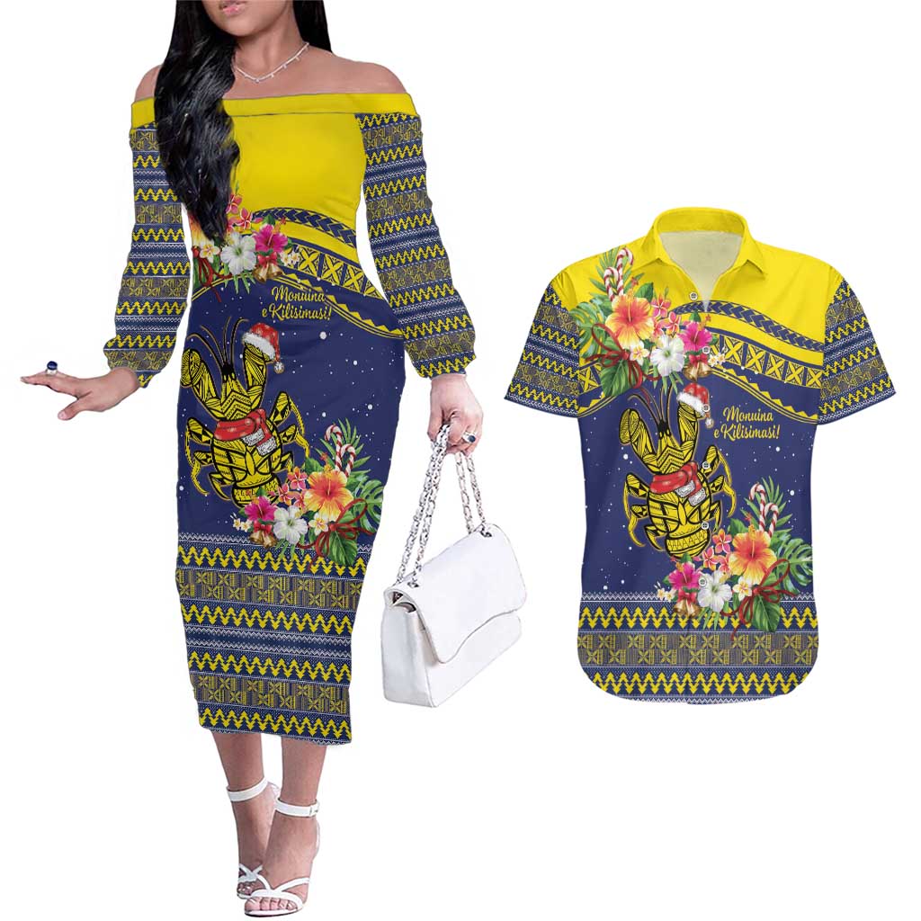 Monuina e Kilisimasi Niue Christmas Couples Matching Off The Shoulder Long Sleeve Dress and Hawaiian Shirt Niuean Tribal Pattern LT9 Gold - Polynesian Pride