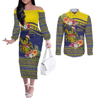 Monuina e Kilisimasi Niue Christmas Couples Matching Off The Shoulder Long Sleeve Dress and Long Sleeve Button Shirt Niuean Tribal Pattern LT9 Gold - Polynesian Pride