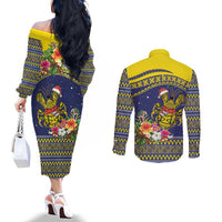 Monuina e Kilisimasi Niue Christmas Couples Matching Off The Shoulder Long Sleeve Dress and Long Sleeve Button Shirt Niuean Tribal Pattern LT9 - Polynesian Pride