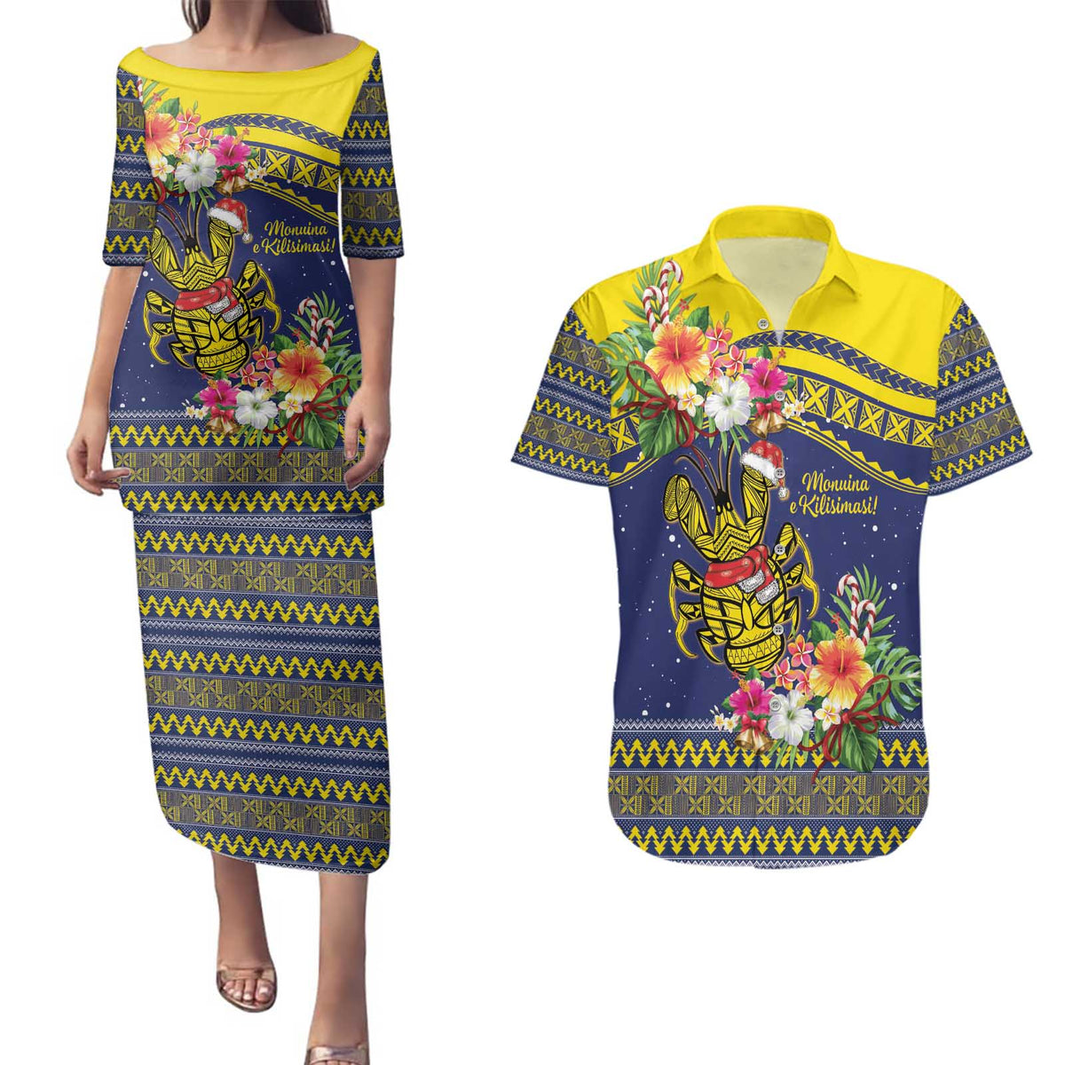 Monuina e Kilisimasi Niue Christmas Couples Matching Puletasi and Hawaiian Shirt Niuean Tribal Pattern LT9 Gold - Polynesian Pride
