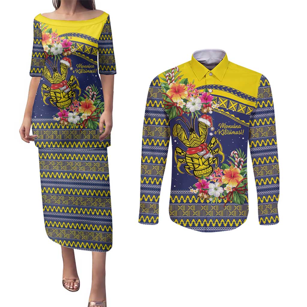 Monuina e Kilisimasi Niue Christmas Couples Matching Puletasi and Long Sleeve Button Shirt Niuean Tribal Pattern LT9 Gold - Polynesian Pride