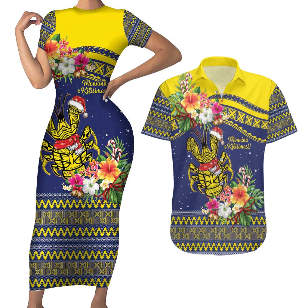 Monuina e Kilisimasi Niue Christmas Couples Matching Short Sleeve Bodycon Dress and Hawaiian Shirt Niuean Tribal Pattern LT9 Gold - Polynesian Pride