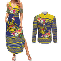 Monuina e Kilisimasi Niue Christmas Couples Matching Summer Maxi Dress and Long Sleeve Button Shirt Niuean Tribal Pattern LT9 Gold - Polynesian Pride