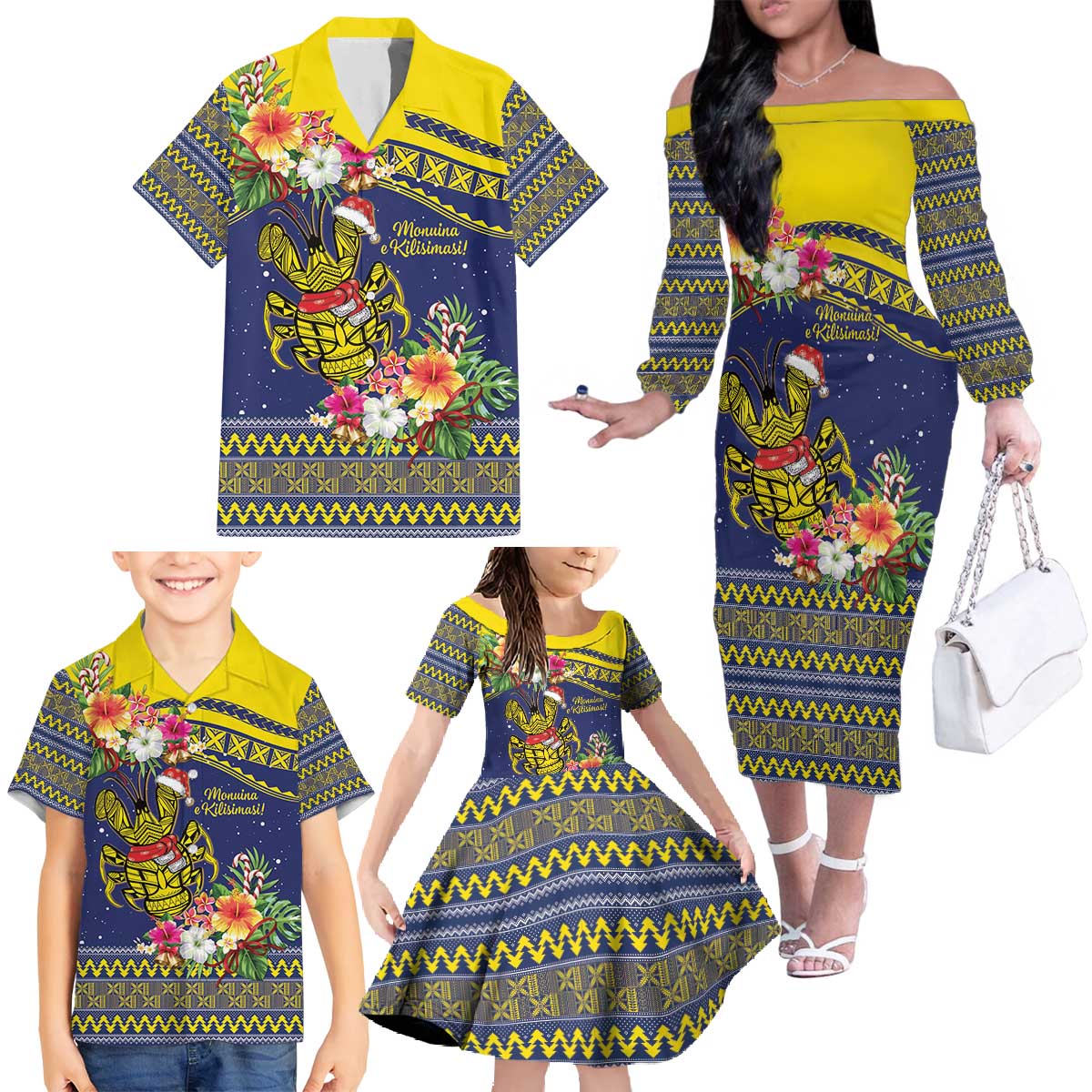Monuina e Kilisimasi Niue Christmas Family Matching Off The Shoulder Long Sleeve Dress and Hawaiian Shirt Niuean Tribal Pattern LT9 - Polynesian Pride