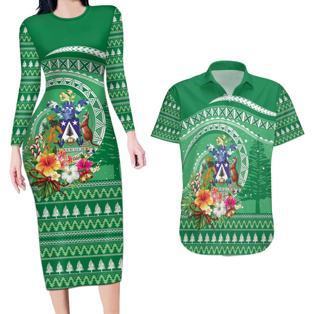 Norfolk Island Pine Tree Christmas Couples Matching Long Sleeve Bodycon Dress and Hawaiian Shirt Coat of Arm and Polynesian Pattern LT9 Green - Polynesian Pride