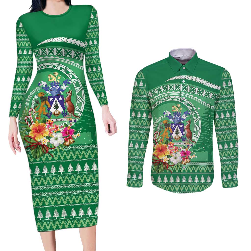 Norfolk Island Pine Tree Christmas Couples Matching Long Sleeve Bodycon Dress and Long Sleeve Button Shirt Coat of Arm and Polynesian Pattern LT9 Green - Polynesian Pride