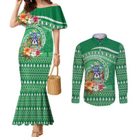 Norfolk Island Pine Tree Christmas Couples Matching Mermaid Dress and Long Sleeve Button Shirt Coat of Arm and Polynesian Pattern LT9 Green - Polynesian Pride