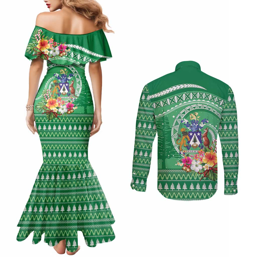 Norfolk Island Pine Tree Christmas Couples Matching Mermaid Dress and Long Sleeve Button Shirt Coat of Arm and Polynesian Pattern LT9 - Polynesian Pride