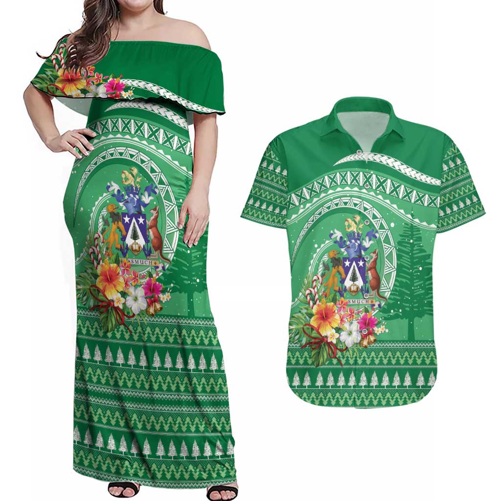 Norfolk Island Pine Tree Christmas Couples Matching Off Shoulder Maxi Dress and Hawaiian Shirt Coat of Arm and Polynesian Pattern LT9 Green - Polynesian Pride