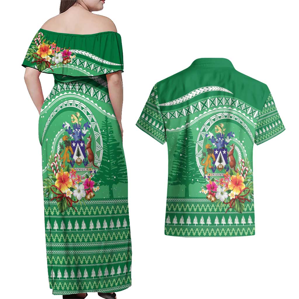 Norfolk Island Pine Tree Christmas Couples Matching Off Shoulder Maxi Dress and Hawaiian Shirt Coat of Arm and Polynesian Pattern LT9 - Polynesian Pride