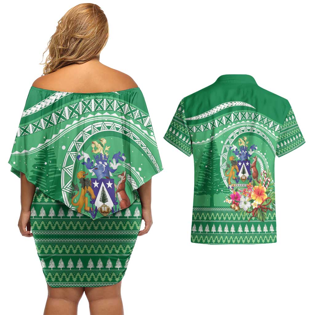 Norfolk Island Pine Tree Christmas Couples Matching Off Shoulder Short Dress and Hawaiian Shirt Coat of Arm and Polynesian Pattern LT9 - Polynesian Pride