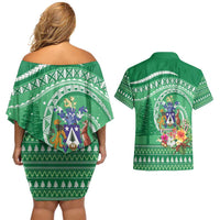 Norfolk Island Pine Tree Christmas Couples Matching Off Shoulder Short Dress and Hawaiian Shirt Coat of Arm and Polynesian Pattern LT9 - Polynesian Pride