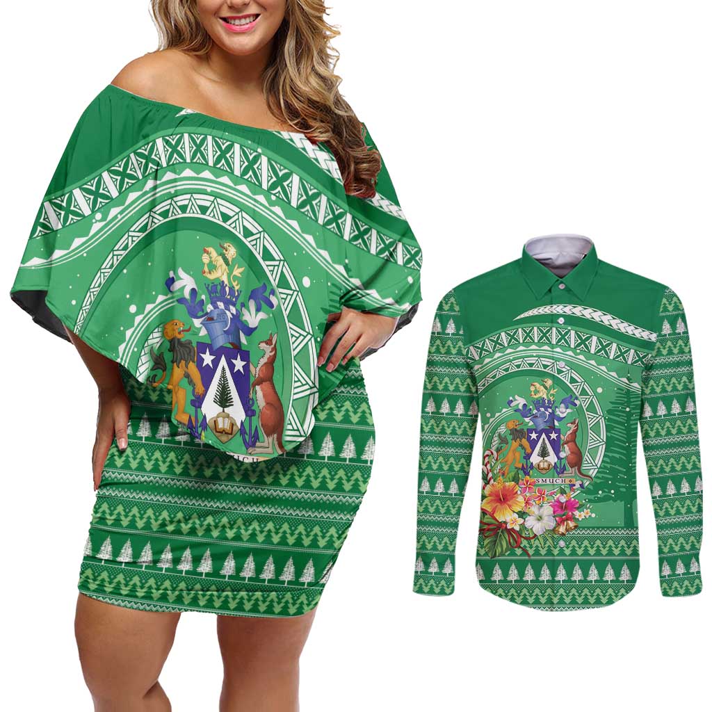 Norfolk Island Pine Tree Christmas Couples Matching Off Shoulder Short Dress and Long Sleeve Button Shirt Coat of Arm and Polynesian Pattern LT9 Green - Polynesian Pride