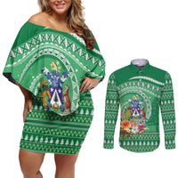 Norfolk Island Pine Tree Christmas Couples Matching Off Shoulder Short Dress and Long Sleeve Button Shirt Coat of Arm and Polynesian Pattern LT9 Green - Polynesian Pride