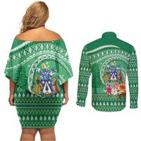 Norfolk Island Pine Tree Christmas Couples Matching Off Shoulder Short Dress and Long Sleeve Button Shirt Coat of Arm and Polynesian Pattern LT9 - Polynesian Pride
