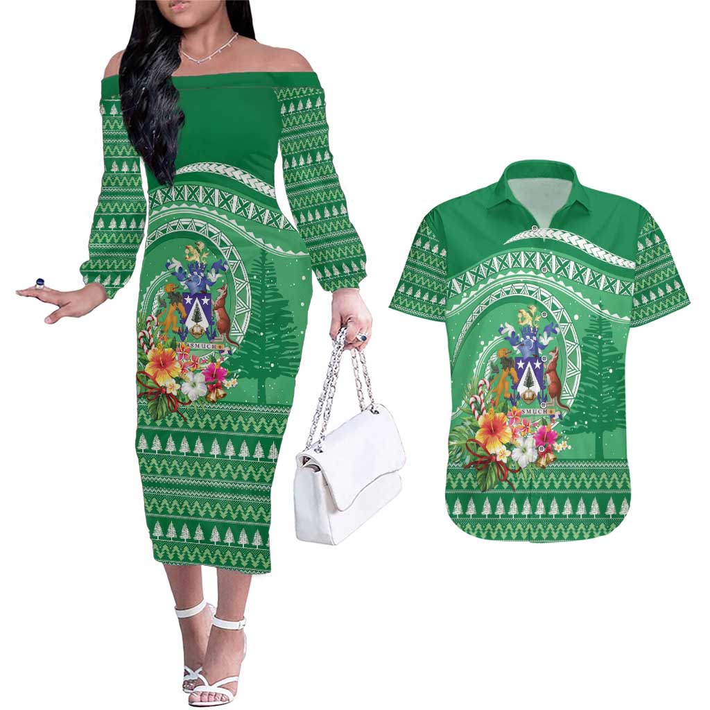 Norfolk Island Pine Tree Christmas Couples Matching Off The Shoulder Long Sleeve Dress and Hawaiian Shirt Coat of Arm and Polynesian Pattern LT9 Green - Polynesian Pride