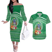 Norfolk Island Pine Tree Christmas Couples Matching Off The Shoulder Long Sleeve Dress and Hawaiian Shirt Coat of Arm and Polynesian Pattern LT9 Green - Polynesian Pride