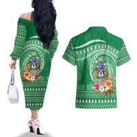 Norfolk Island Pine Tree Christmas Couples Matching Off The Shoulder Long Sleeve Dress and Hawaiian Shirt Coat of Arm and Polynesian Pattern LT9 - Polynesian Pride