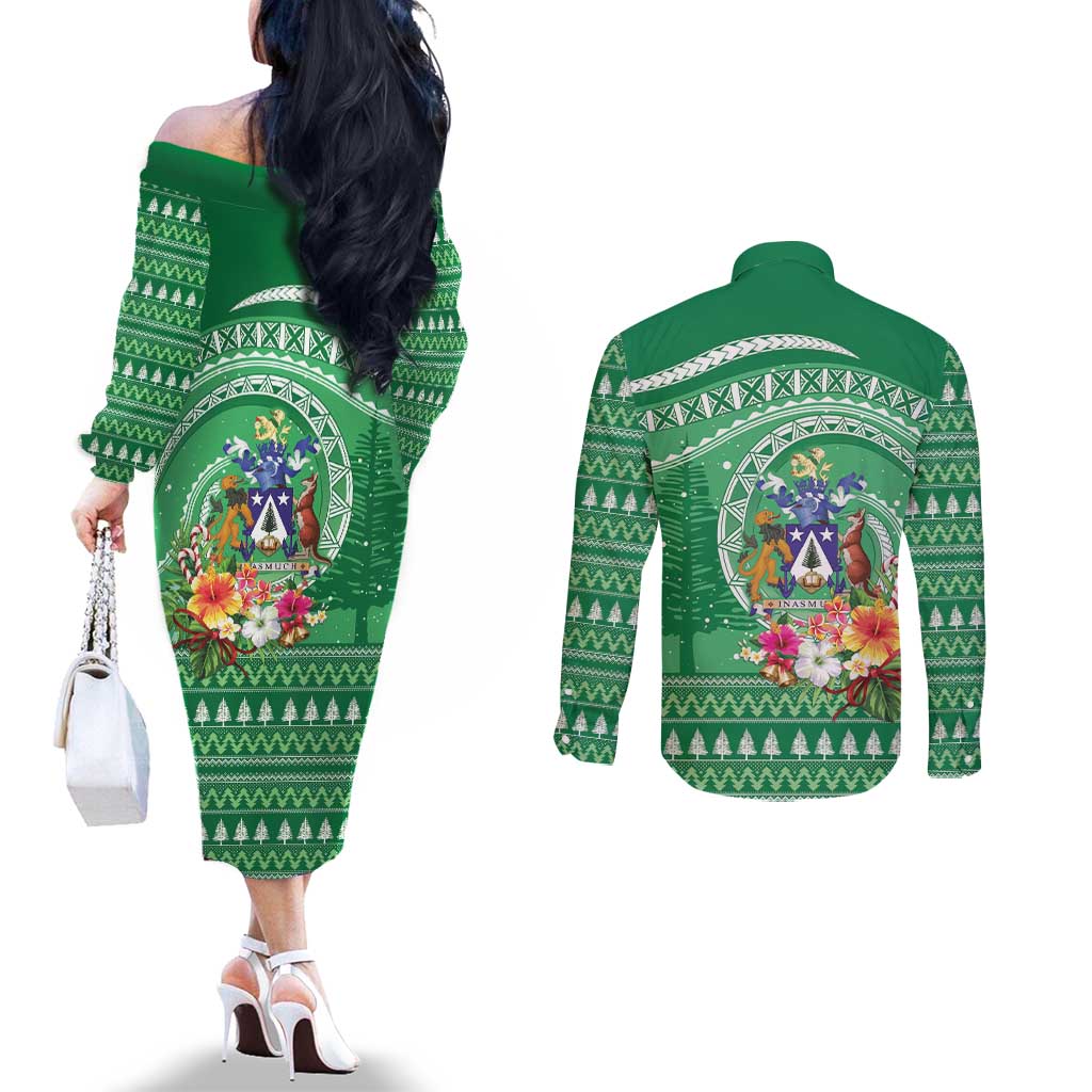 Norfolk Island Pine Tree Christmas Couples Matching Off The Shoulder Long Sleeve Dress and Long Sleeve Button Shirt Coat of Arm and Polynesian Pattern LT9 - Polynesian Pride