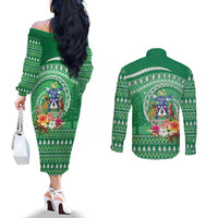 Norfolk Island Pine Tree Christmas Couples Matching Off The Shoulder Long Sleeve Dress and Long Sleeve Button Shirt Coat of Arm and Polynesian Pattern LT9 - Polynesian Pride