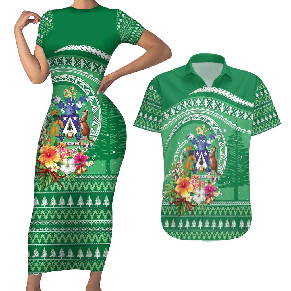 Norfolk Island Pine Tree Christmas Couples Matching Short Sleeve Bodycon Dress and Hawaiian Shirt Coat of Arm and Polynesian Pattern LT9 Green - Polynesian Pride