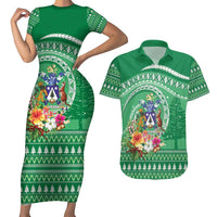 Norfolk Island Pine Tree Christmas Couples Matching Short Sleeve Bodycon Dress and Hawaiian Shirt Coat of Arm and Polynesian Pattern LT9 Green - Polynesian Pride