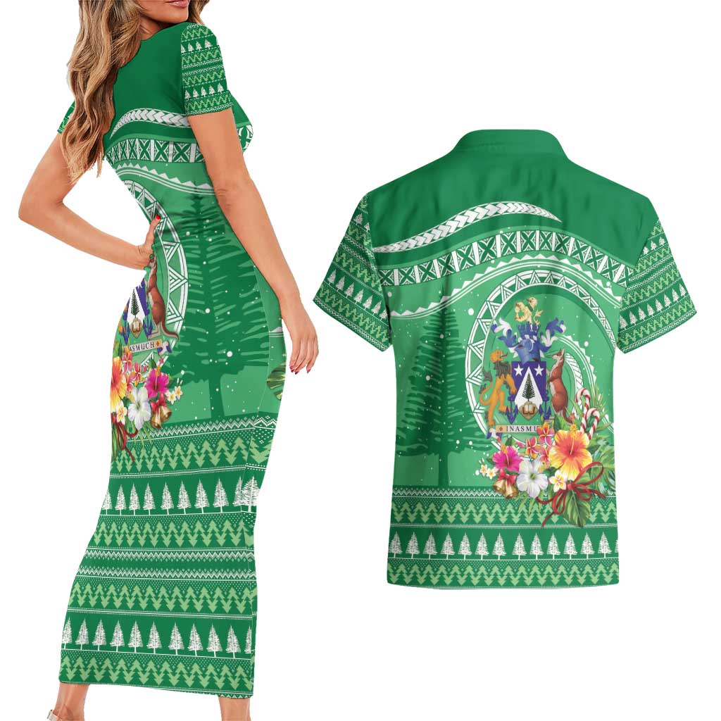 Norfolk Island Pine Tree Christmas Couples Matching Short Sleeve Bodycon Dress and Hawaiian Shirt Coat of Arm and Polynesian Pattern LT9 - Polynesian Pride