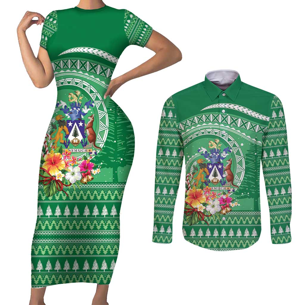 Norfolk Island Pine Tree Christmas Couples Matching Short Sleeve Bodycon Dress and Long Sleeve Button Shirt Coat of Arm and Polynesian Pattern LT9 Green - Polynesian Pride
