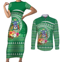 Norfolk Island Pine Tree Christmas Couples Matching Short Sleeve Bodycon Dress and Long Sleeve Button Shirt Coat of Arm and Polynesian Pattern LT9 Green - Polynesian Pride