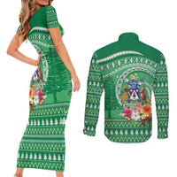 Norfolk Island Pine Tree Christmas Couples Matching Short Sleeve Bodycon Dress and Long Sleeve Button Shirt Coat of Arm and Polynesian Pattern LT9 - Polynesian Pride