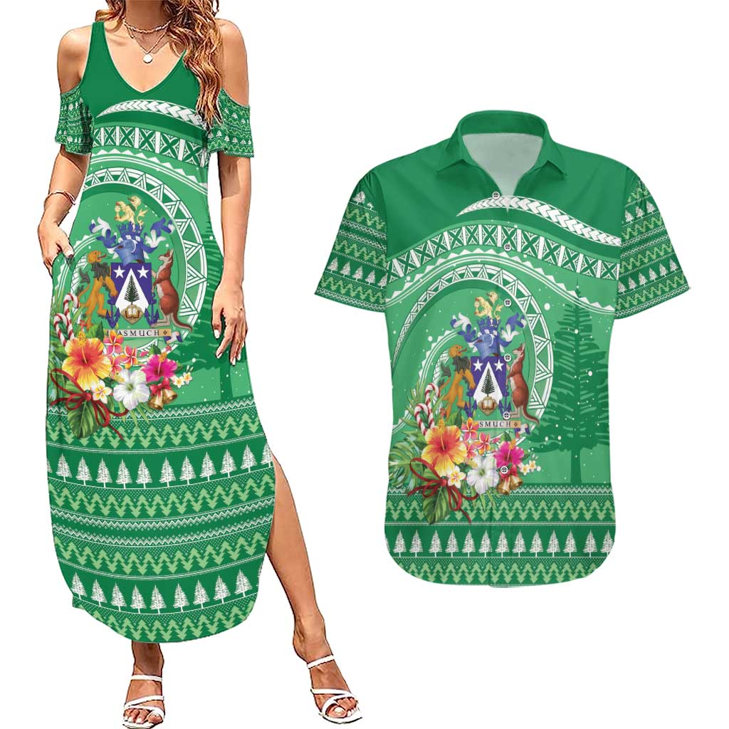 Norfolk Island Pine Tree Christmas Couples Matching Summer Maxi Dress and Hawaiian Shirt Coat of Arm and Polynesian Pattern LT9 Green - Polynesian Pride