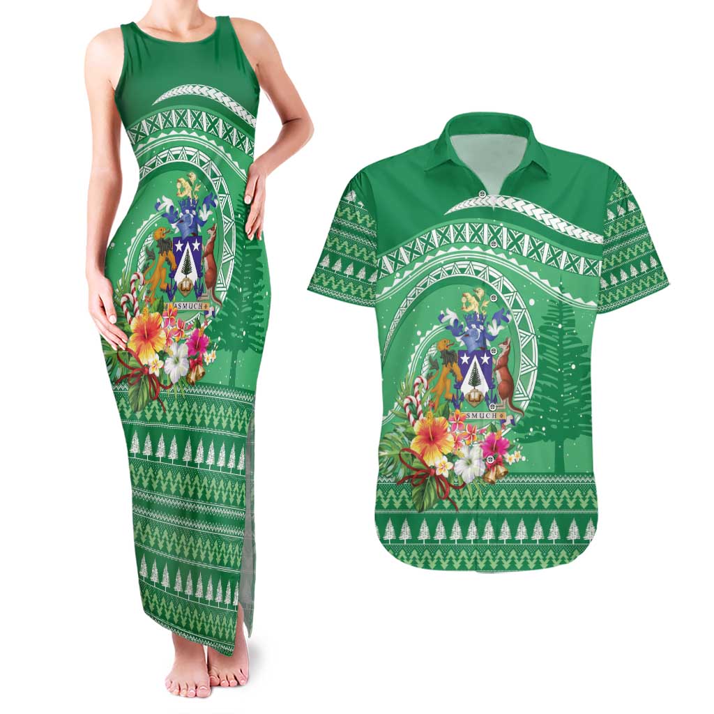 Norfolk Island Pine Tree Christmas Couples Matching Tank Maxi Dress and Hawaiian Shirt Coat of Arm and Polynesian Pattern LT9 Green - Polynesian Pride