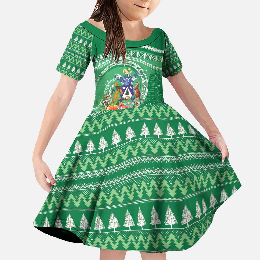 Norfolk Island Pine Tree Christmas Family Matching Long Sleeve Bodycon Dress and Hawaiian Shirt Coat of Arm and Polynesian Pattern LT9 Daughter's Dress Green - Polynesian Pride