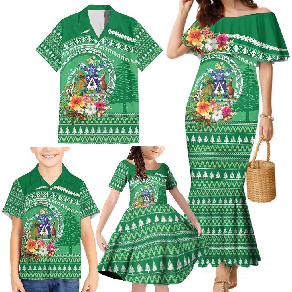 Norfolk Island Pine Tree Christmas Family Matching Mermaid Dress and Hawaiian Shirt Coat of Arm and Polynesian Pattern LT9 - Polynesian Pride