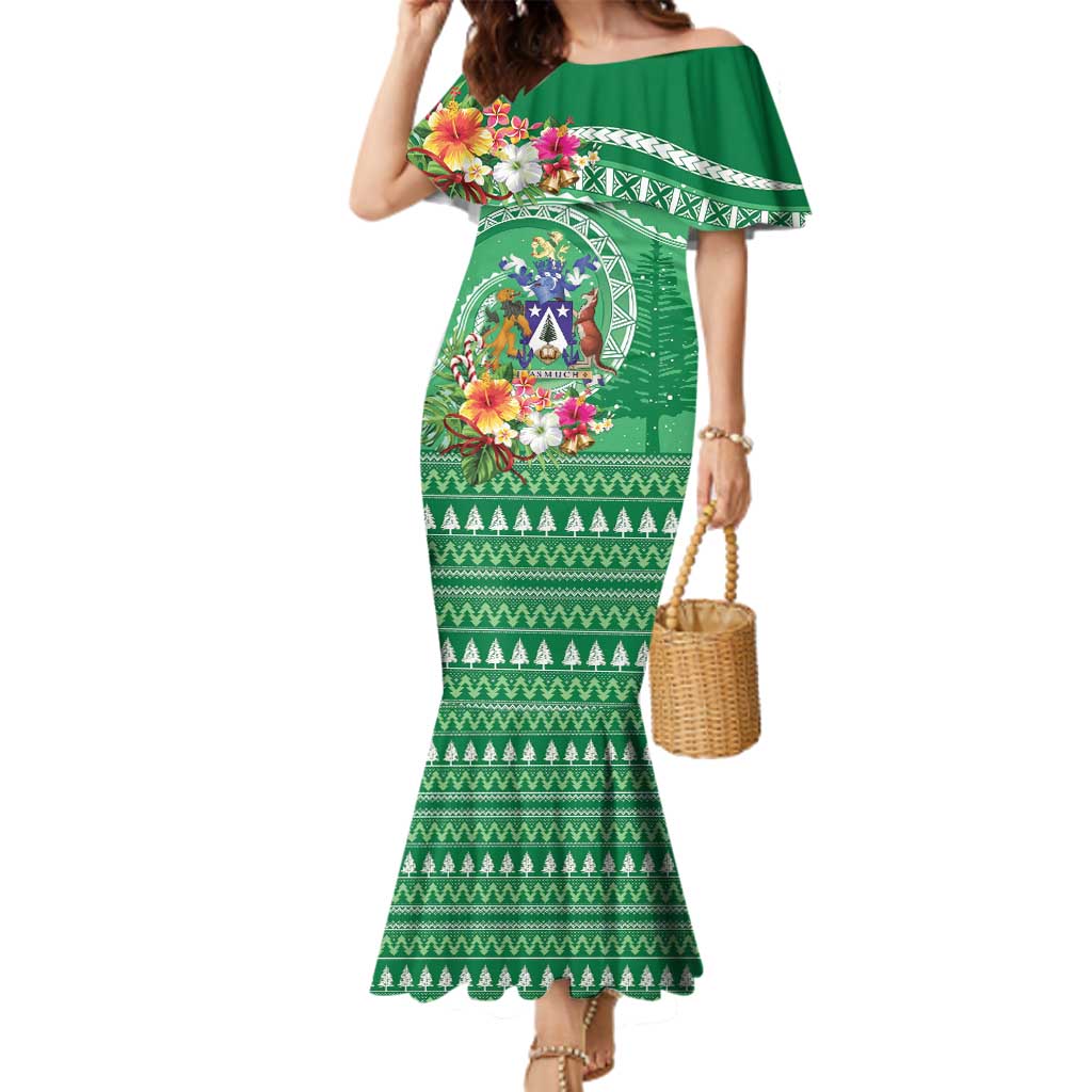 Norfolk Island Pine Tree Christmas Family Matching Mermaid Dress and Hawaiian Shirt Coat of Arm and Polynesian Pattern LT9 Mom's Dress Green - Polynesian Pride