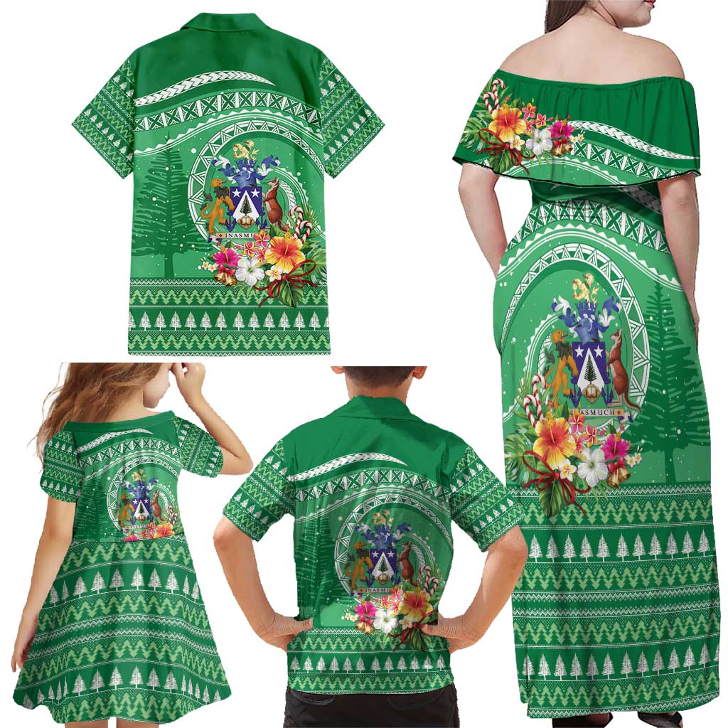 Norfolk Island Pine Tree Christmas Family Matching Off Shoulder Maxi Dress and Hawaiian Shirt Coat of Arm and Polynesian Pattern LT9 - Polynesian Pride
