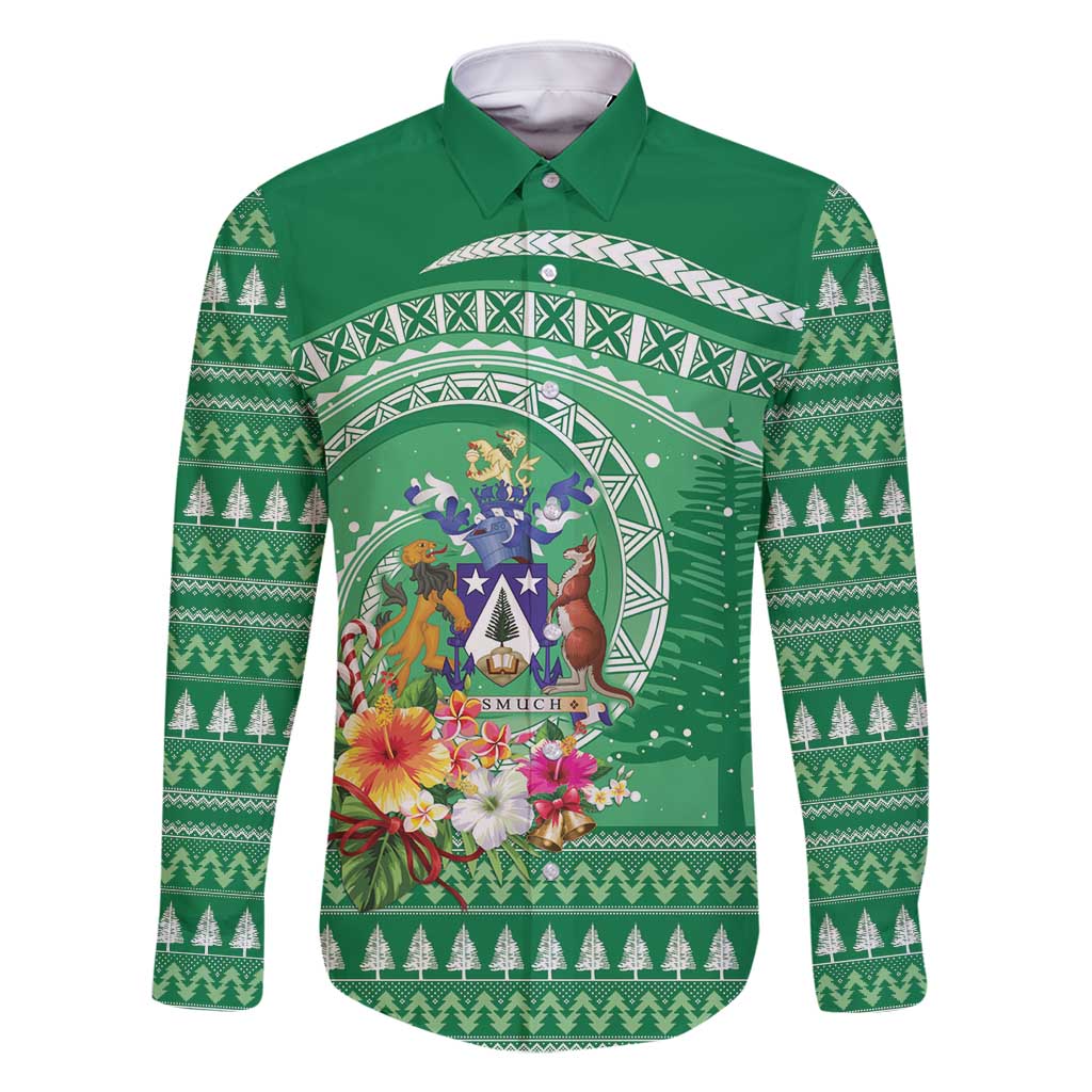Norfolk Island Pine Tree Christmas Family Matching Off Shoulder Maxi Dress and Hawaiian Shirt Coat of Arm and Polynesian Pattern LT9 Dad's Shirt - Long Sleeve Green - Polynesian Pride