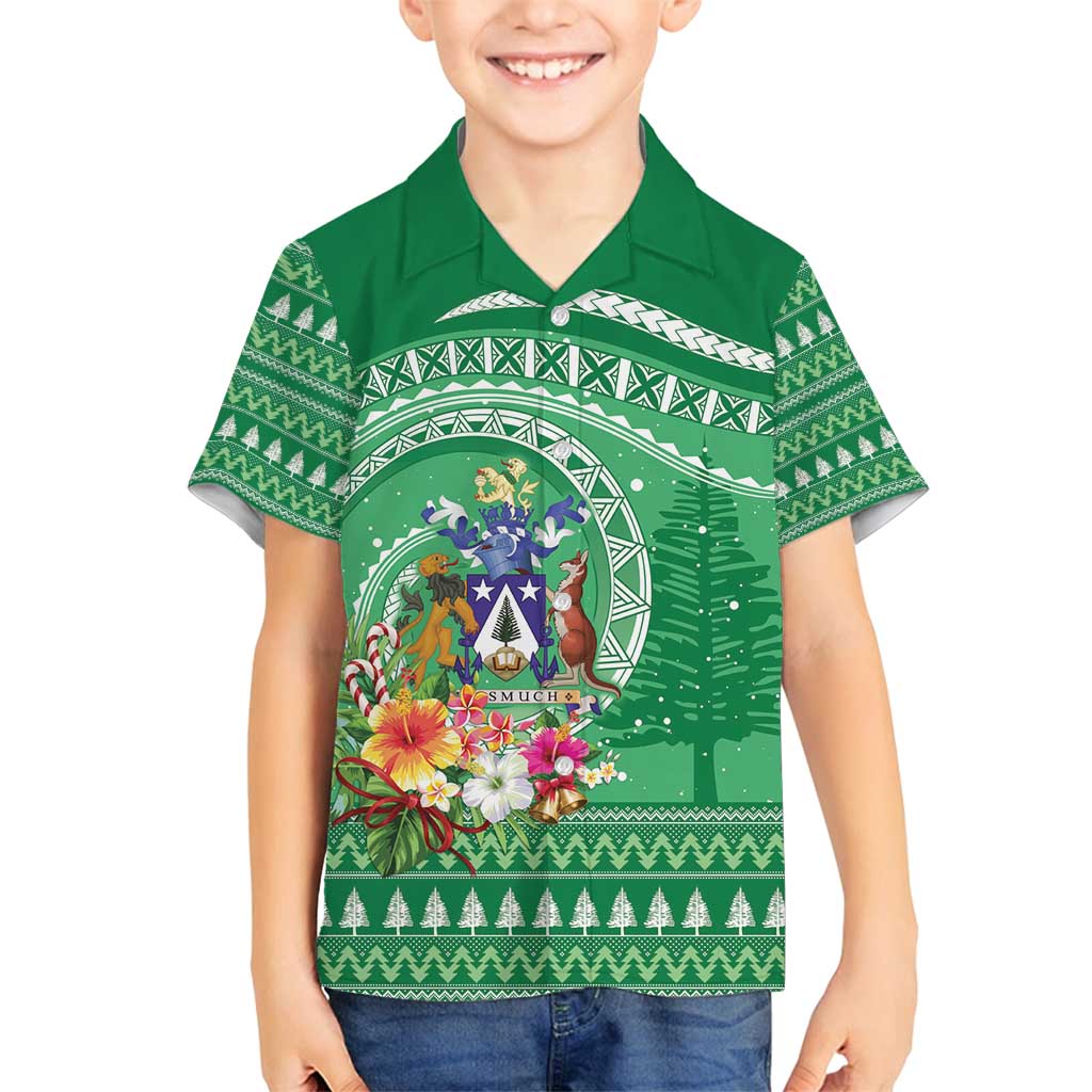 Norfolk Island Pine Tree Christmas Family Matching Off Shoulder Short Dress and Hawaiian Shirt Coat of Arm and Polynesian Pattern LT9 Son's Shirt Green - Polynesian Pride