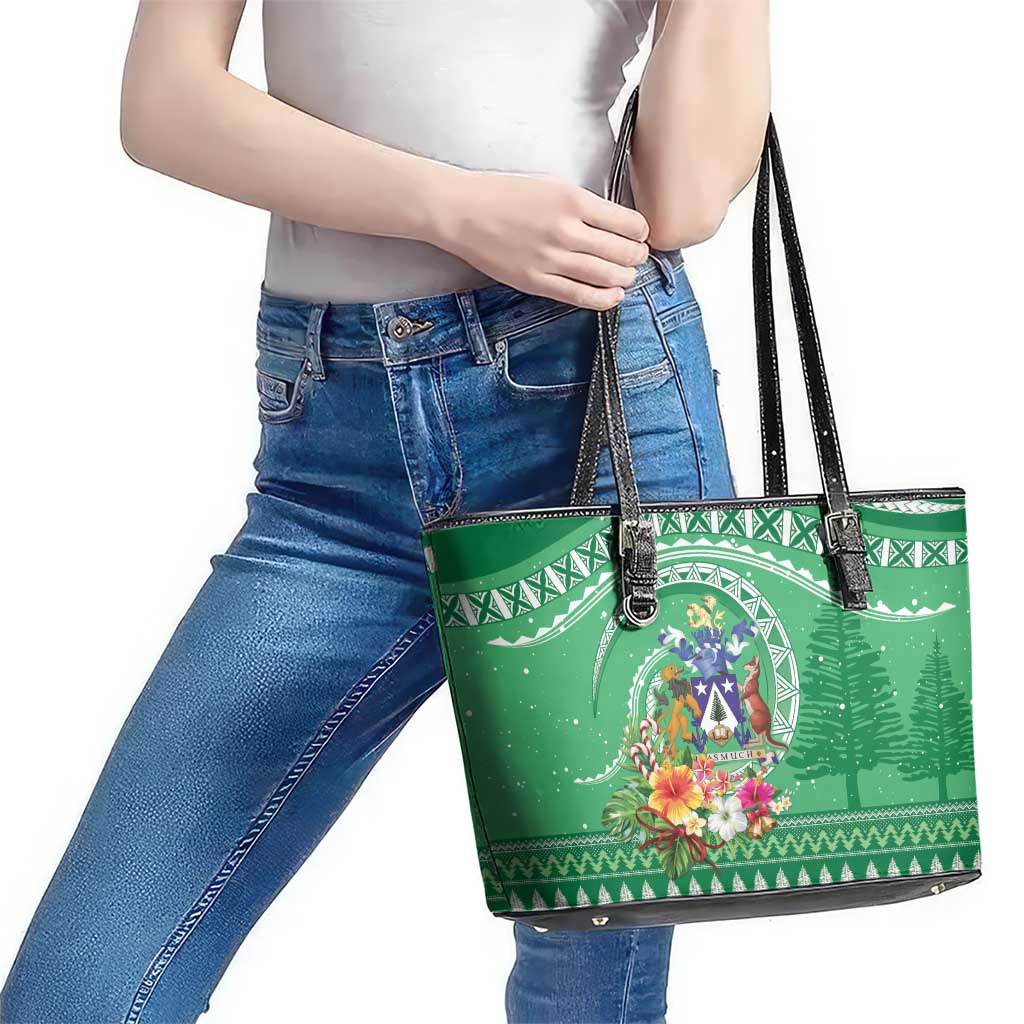 Norfolk Island Pine Tree Christmas Leather Tote Bag Coat of Arm and Polynesian Pattern