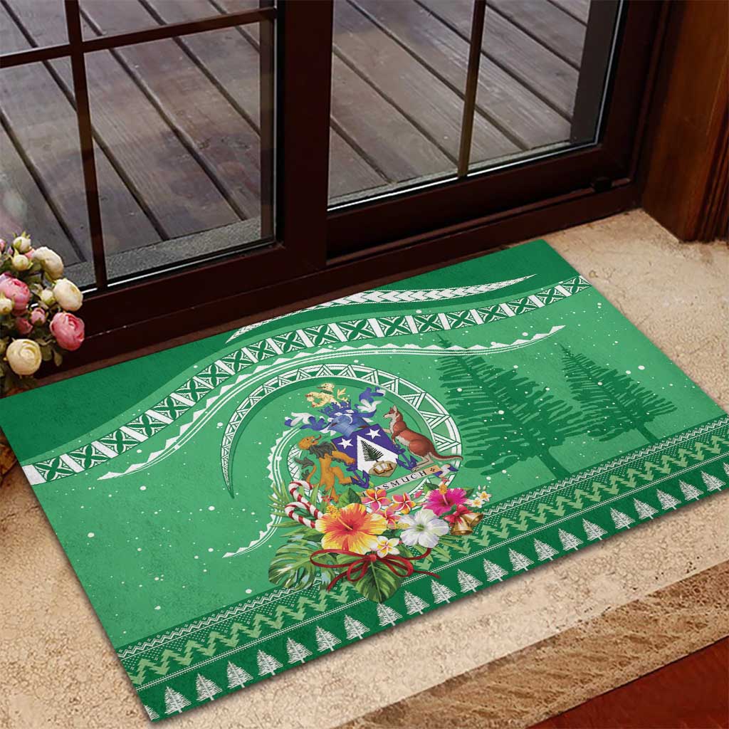 Norfolk Island Pine Tree Christmas Rubber Doormat Coat of Arm and Polynesian Pattern