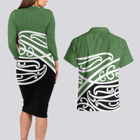 Green Fern New Zealand Kowhai Ngutukak Couples Matching Long Sleeve Bodycon Dress and Hawaiian Shirt LT9 - Polynesian Pride