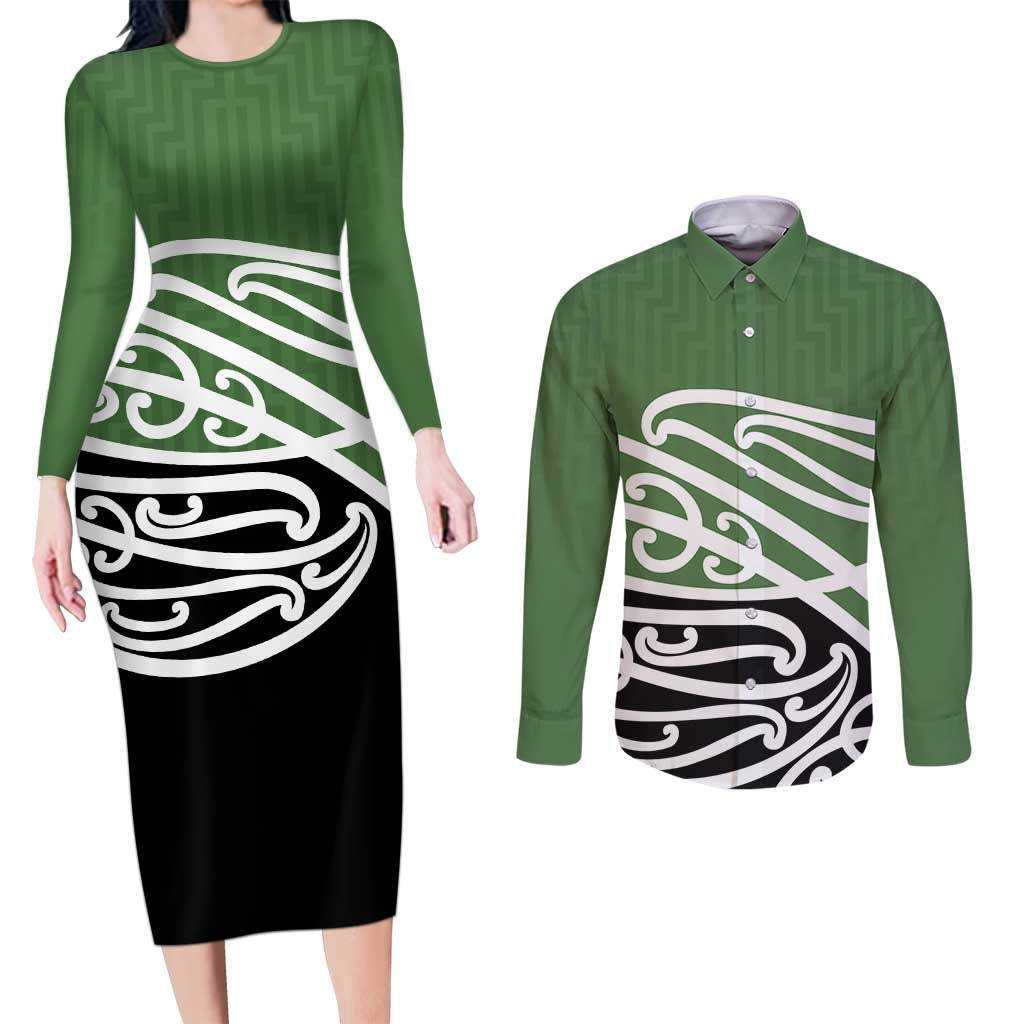 Green Fern New Zealand Kowhai Ngutukak Couples Matching Long Sleeve Bodycon Dress and Long Sleeve Button Shirt LT9 Green - Polynesian Pride