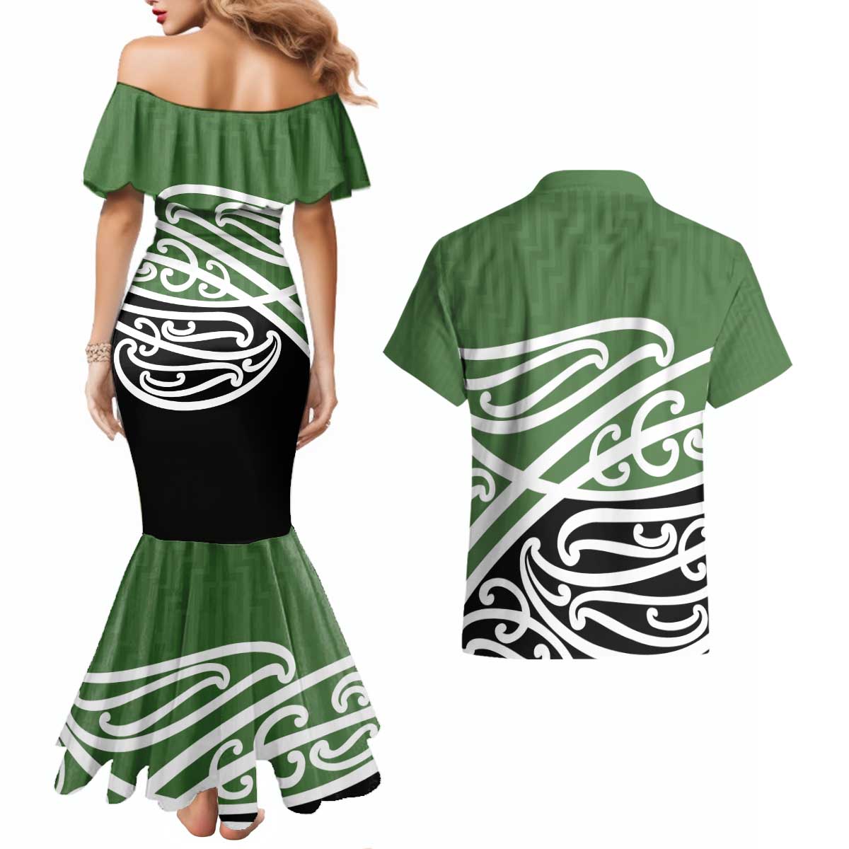 Green Fern New Zealand Kowhai Ngutukak Couples Matching Mermaid Dress and Hawaiian Shirt LT9 - Polynesian Pride