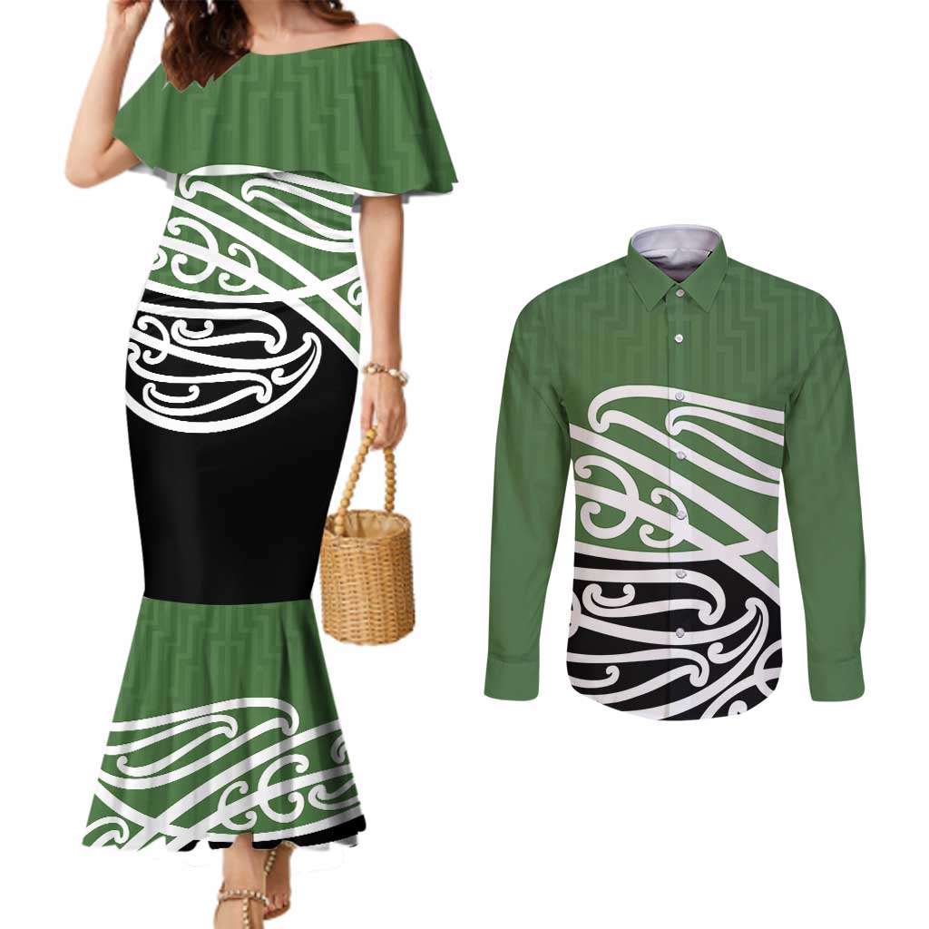 Green Fern New Zealand Kowhai Ngutukak Couples Matching Mermaid Dress and Long Sleeve Button Shirt LT9 Green - Polynesian Pride