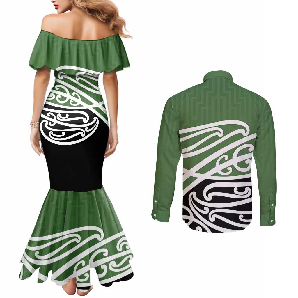 Green Fern New Zealand Kowhai Ngutukak Couples Matching Mermaid Dress and Long Sleeve Button Shirt LT9 - Polynesian Pride