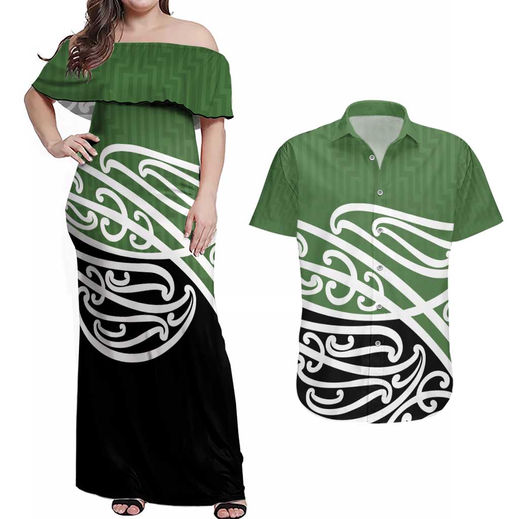 Green Fern New Zealand Kowhai Ngutukak Couples Matching Off Shoulder Maxi Dress and Hawaiian Shirt LT9 Green - Polynesian Pride
