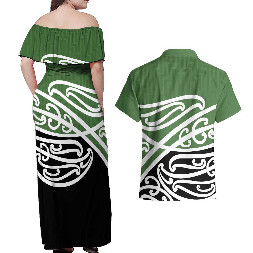 Green Fern New Zealand Kowhai Ngutukak Couples Matching Off Shoulder Maxi Dress and Hawaiian Shirt LT9 - Polynesian Pride